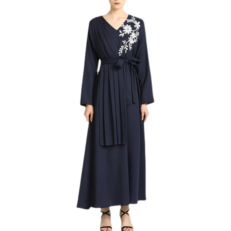 

Mandylandy Dress Spring and Autumn Fashion V-neck Embroidery Pleated Dress Women's Casual Solid Color Long Sleeve Lace-up Dress