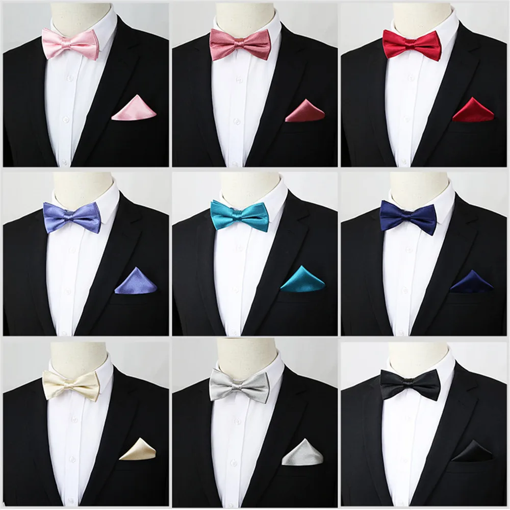 

10Pcs/Lot New Solid Pre-Tied Bow Tie Men Bowtie Mens Safe-Tie Bow Ties and Pocket Square Wedding Bowties Handkerchief Set B093