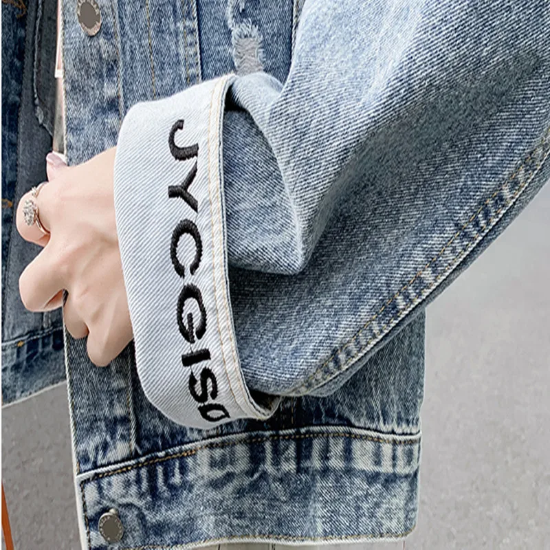 2019 Новая модная джинсовая куртка с буквенным принтом светло-голубой бомбер