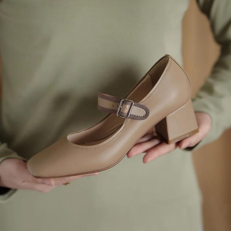 

Genuine Leather Shoes Woman Elegant High Heels Pumps Felame mary janes buckle Decoration Party Wedding Women Shoes