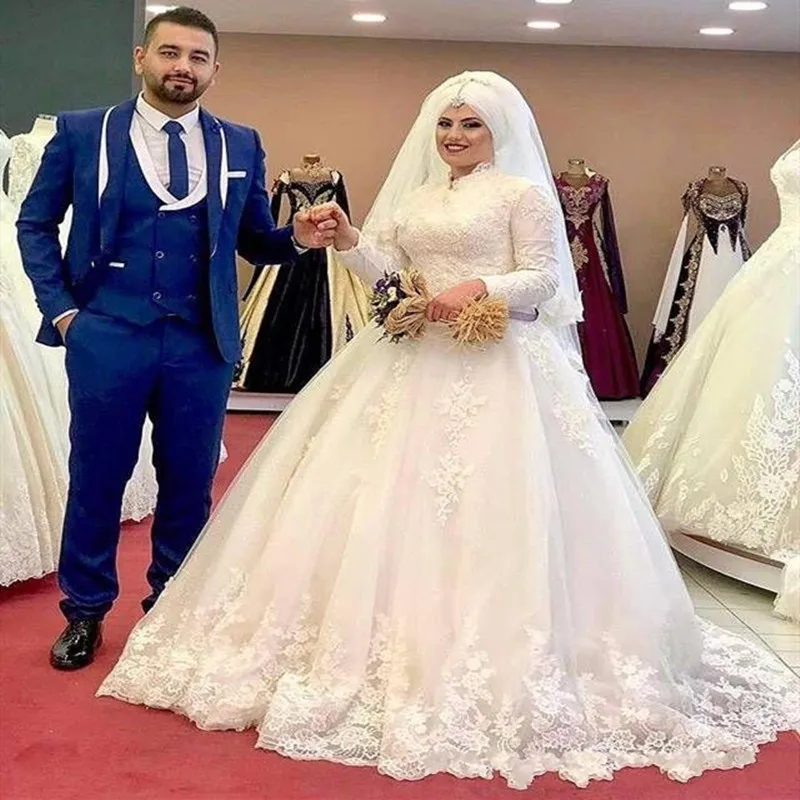 

Винтажное мусульманское свадебное платье с высокой горловиной, кружевной аппликацией, длинный рукав в арабском стиле, свадебные платья, св...