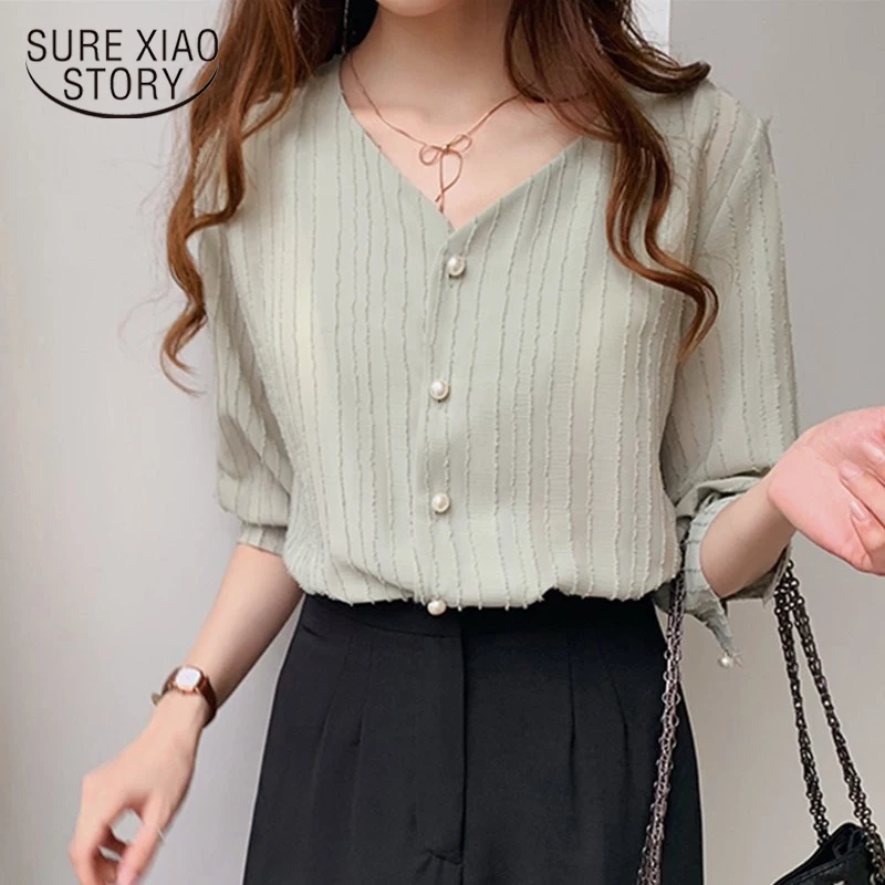 

Summer Casual Women's Chiffon Blouses Female Casual Style V Collar Shirt Puff Sleeve Sweet Solid Color Blouse Blusas Femme 15143