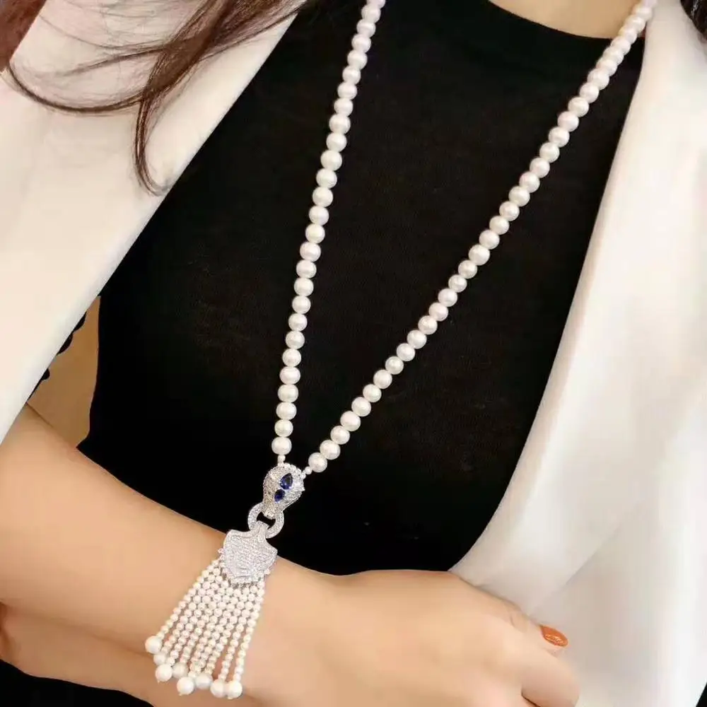 

Women's jewelry 8-9mm micro inlaid zircon leopard head accessories white freshwater pearl necklace