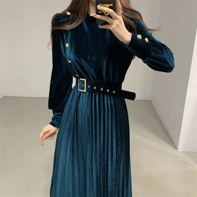 

HziriP 2021 Basic Solid Elegance Large Size A-Line All Match New Pleated Velvet Stylish Chic Women High Quality Hot Dresses