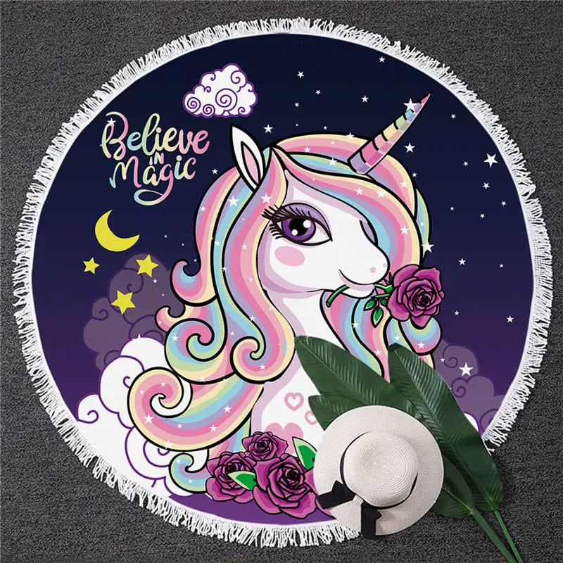 Unicorn 8 BlessLiving круглое пляжное полотенце с единорогом, Радужное детское белое банное полотенце с кисточкой, микрофибра, 150 см, цветное одеяло - Цвет: Unicorn 8