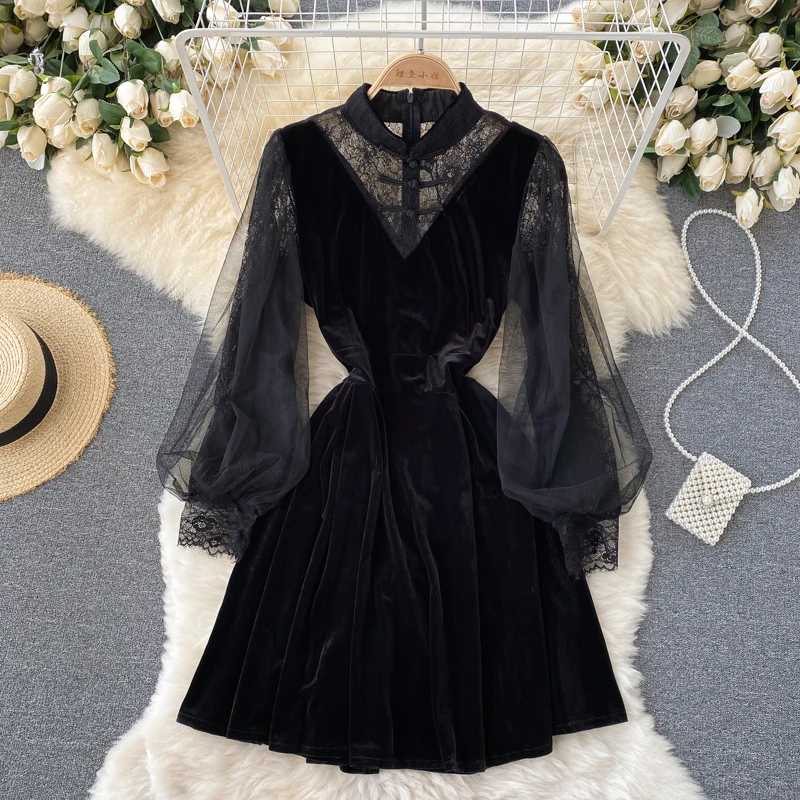 

Autumn Women Black Velvet Mesh Patchwork Party Mini Dress Elegant Stand Collar Puff Sleeve High Waist Lace Vestidos Female 2021