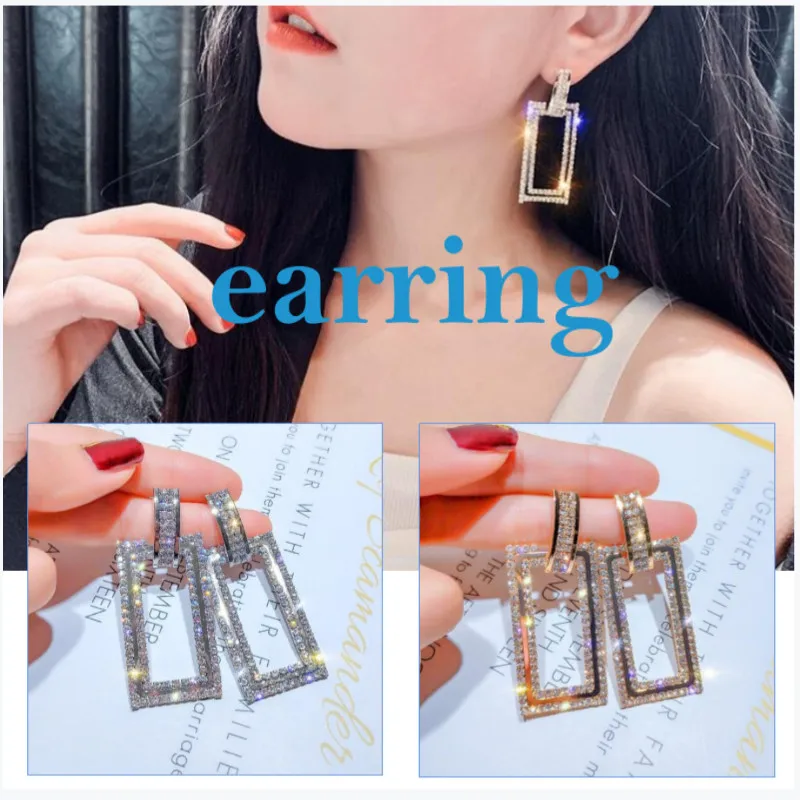 

2021 Fashion Simple Geometry Full Diamond Square Drop Dangle Earrings for Women Party Jewelry