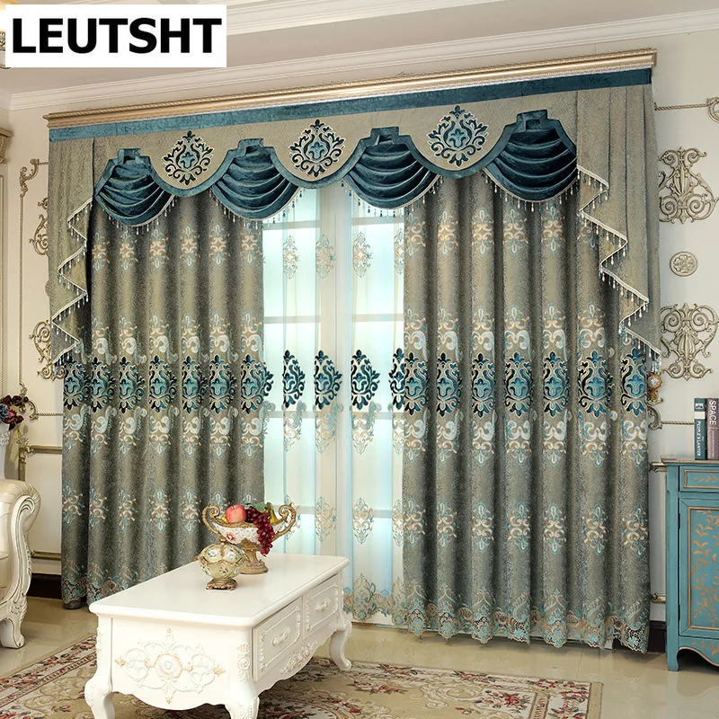 

European Curtains for Living Dining Room Bedroom Luxury Gray Chenille High-end Valance Curtain Sheer Pelmet for Windows Drapes