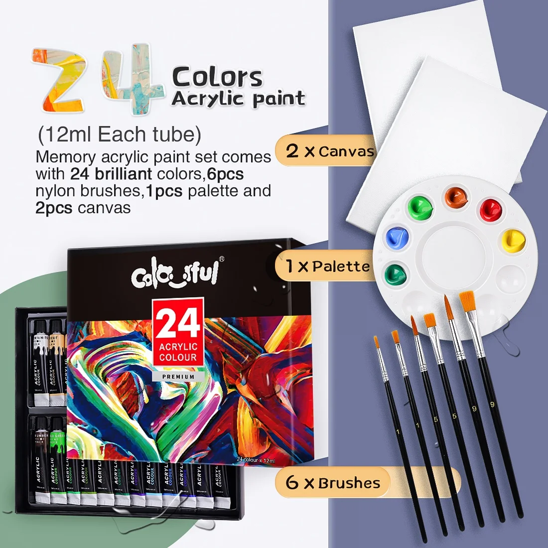 Набор акриловых красок MEMORY Craft с 6 кисточками 1 палитра цветов набор для рисования
