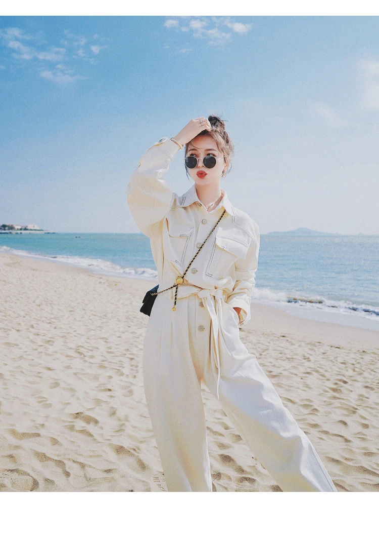 

Spring Autumn Women Long Sleeve White Jumpsuit Loose Casual One Piece Wide Leg Cargo Pants Streetwear Hip Hop Bandage Overalls