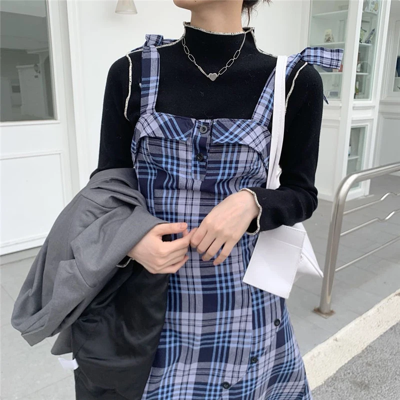 

Check Overall Dress Women's Early Spring 2021 New French Style Design Non-mainstream Split Retro Hong Kong Style Lace-up Dress