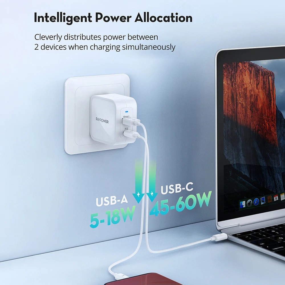 ravpower gan charger 65w usb c quick charger type c fast charge phone charger dual port for iphone 12 macbook pro wall charger free global shipping