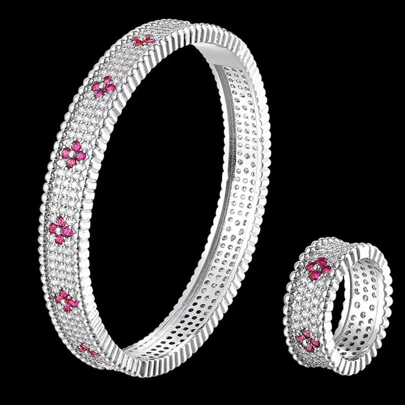 silver pink Zlxgirl, роскошный бренд, простой AAA кубический циркон, браслет и кольцо, ювелирный набор, свадебный браслет, Пара подарков, Сумка - Окраска металла: silver pink