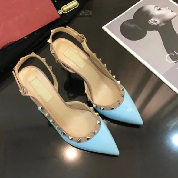7 Women Dress Shoes rock Patent High Heels stud Pumps Rivets Real Leather Pointed Toe Wedding Shoes Gift Party Shoes - Цвет: 7