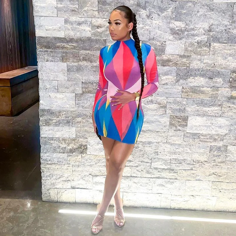 

Donsignet Women Dress Mesh Print Dress 2021 Sexy Color Slim Package Hip Autumn Half High Collar Bodycon Dress for Women Vestido