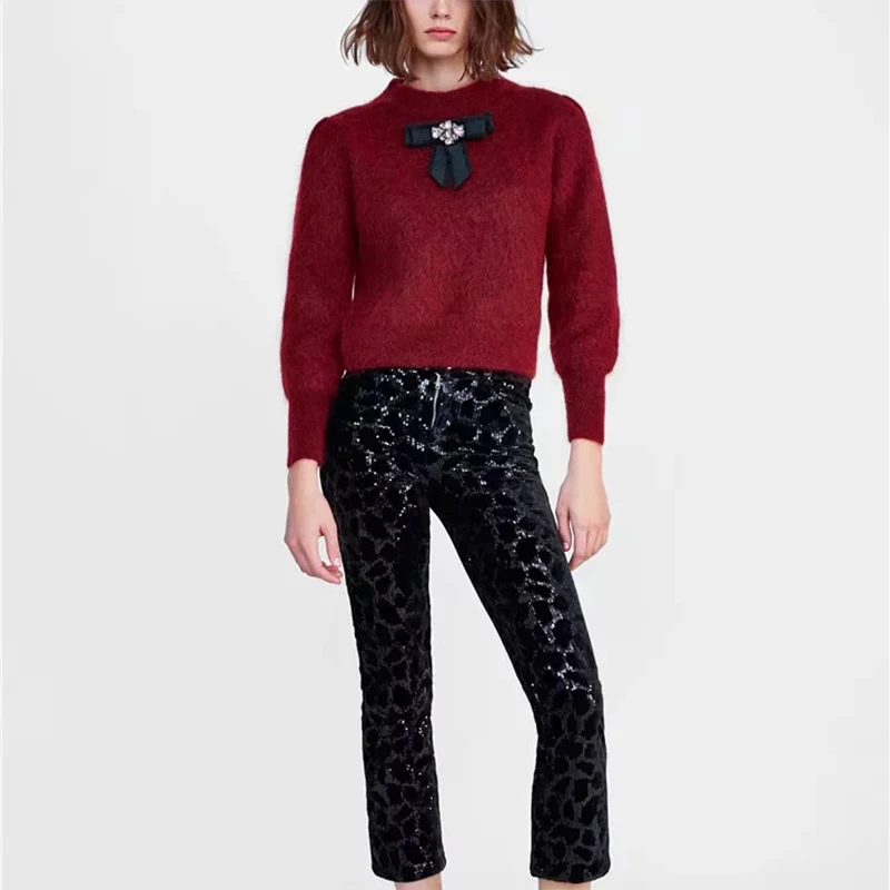 ZA autumn winter women's red gray knitted sweater Jewelry bowknot plush tops chic lady Casual female pullover | Женская одежда