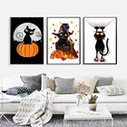 Милый Черный кот Хэллоуин ведьма скандинавский постер Тыква забавные подарки настенные картины для гостиной настенное Искусство Холст Картина без рамки