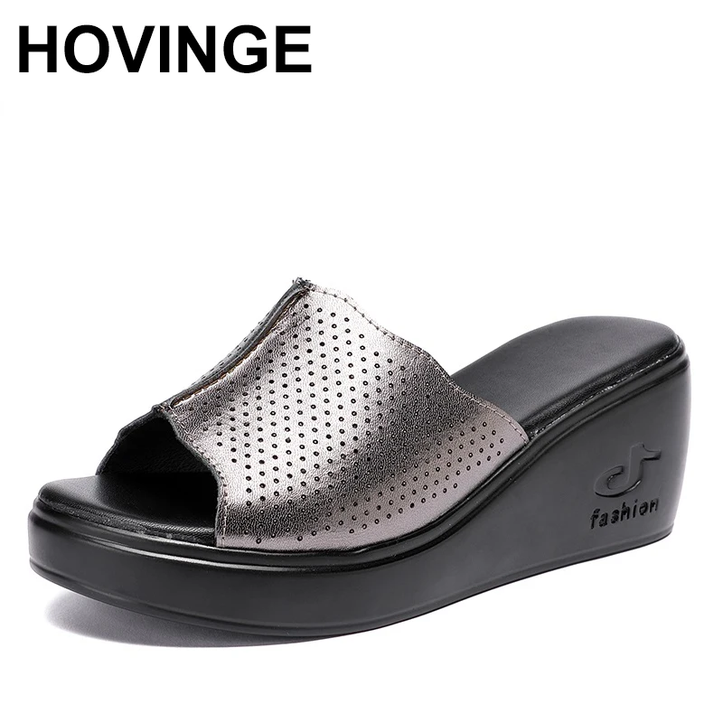 

HOVINGE 2020 woman platform flip flops new summer women genuine leather slipper high heel shoes women slippers big size
