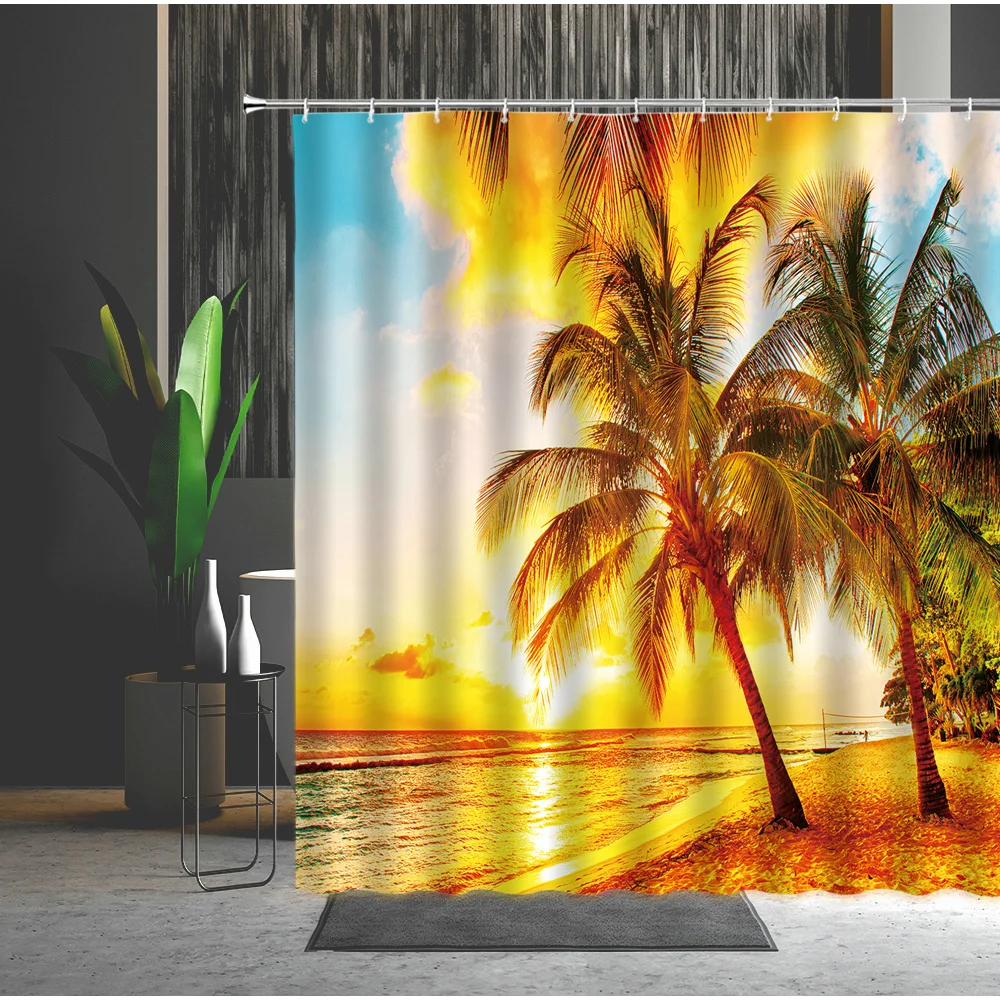 

Summer Landscape Shower Curtain Scenery Evening Seaside Coconut Tree Sandy Beach Starfish Bathroom Partition Hanging Curtains