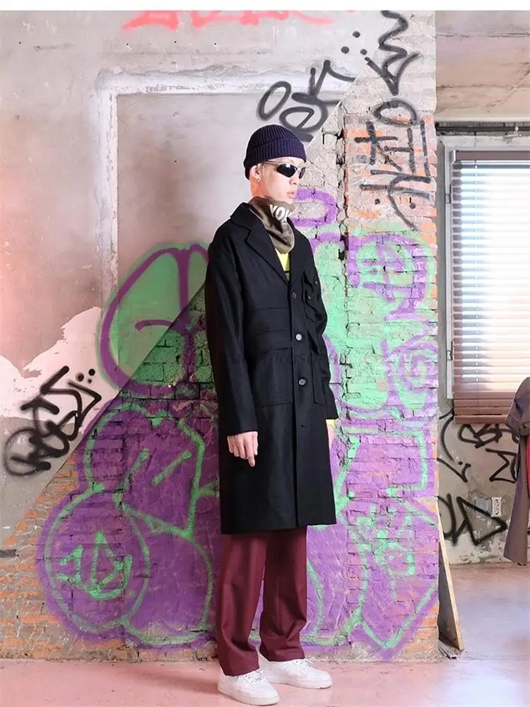 Men's woolen coat autumn and winter mid-length black stitching | Мужская одежда