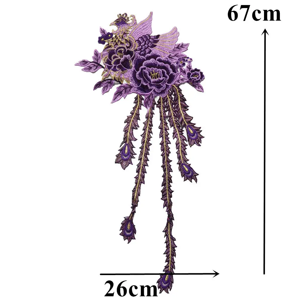 Вышитая ткань с длинным хвостом фиолетовым павлином Фениксом Цветочная