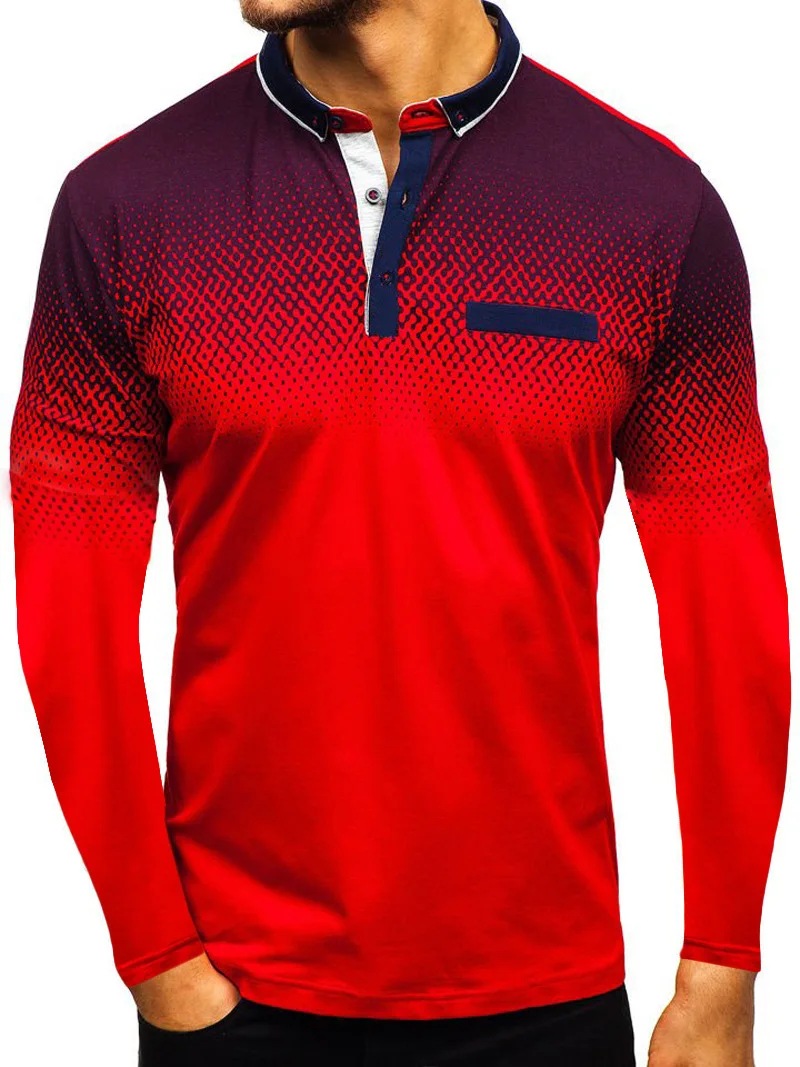 Поло para hombre Nuevo verano manga larga cuello vuelto тонкие повседневные топы транспарантные estampado 3D manga larga Polo