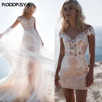 elegant 2 pieces beach wedding dresses detachable train skirt jewel neck beads appliques lace bridal wedding gowns customize