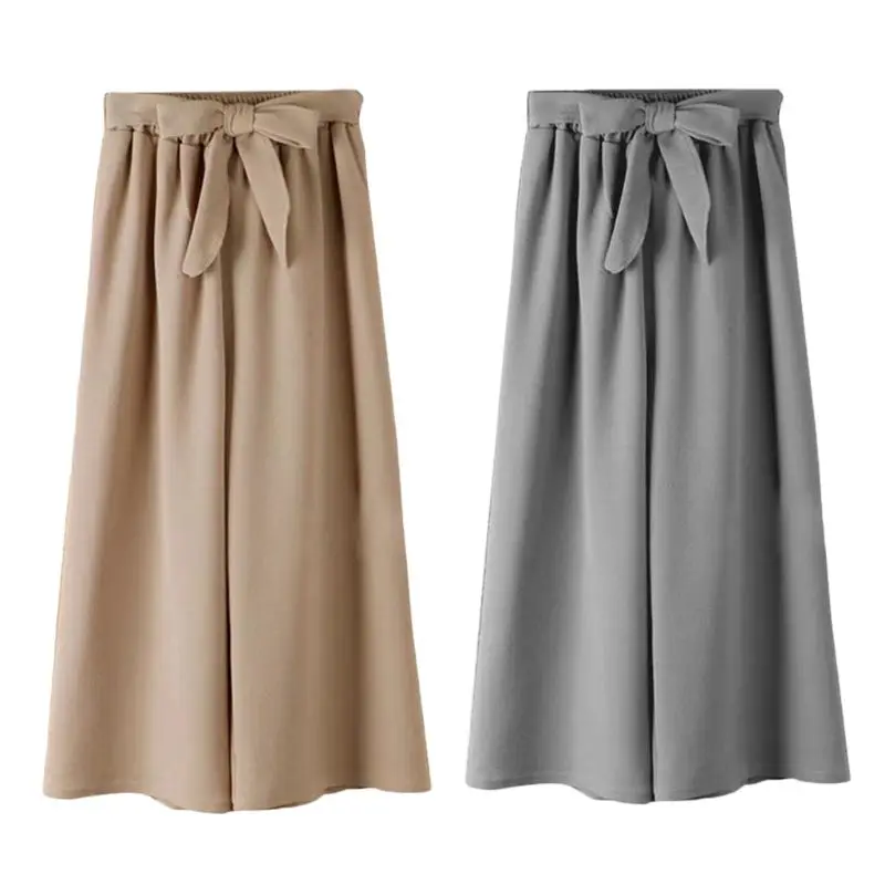 

2020 Women Elastic High Waist Wide Leg Pants Solid Color Baggy Loose Ankle Length Trousers with Belt