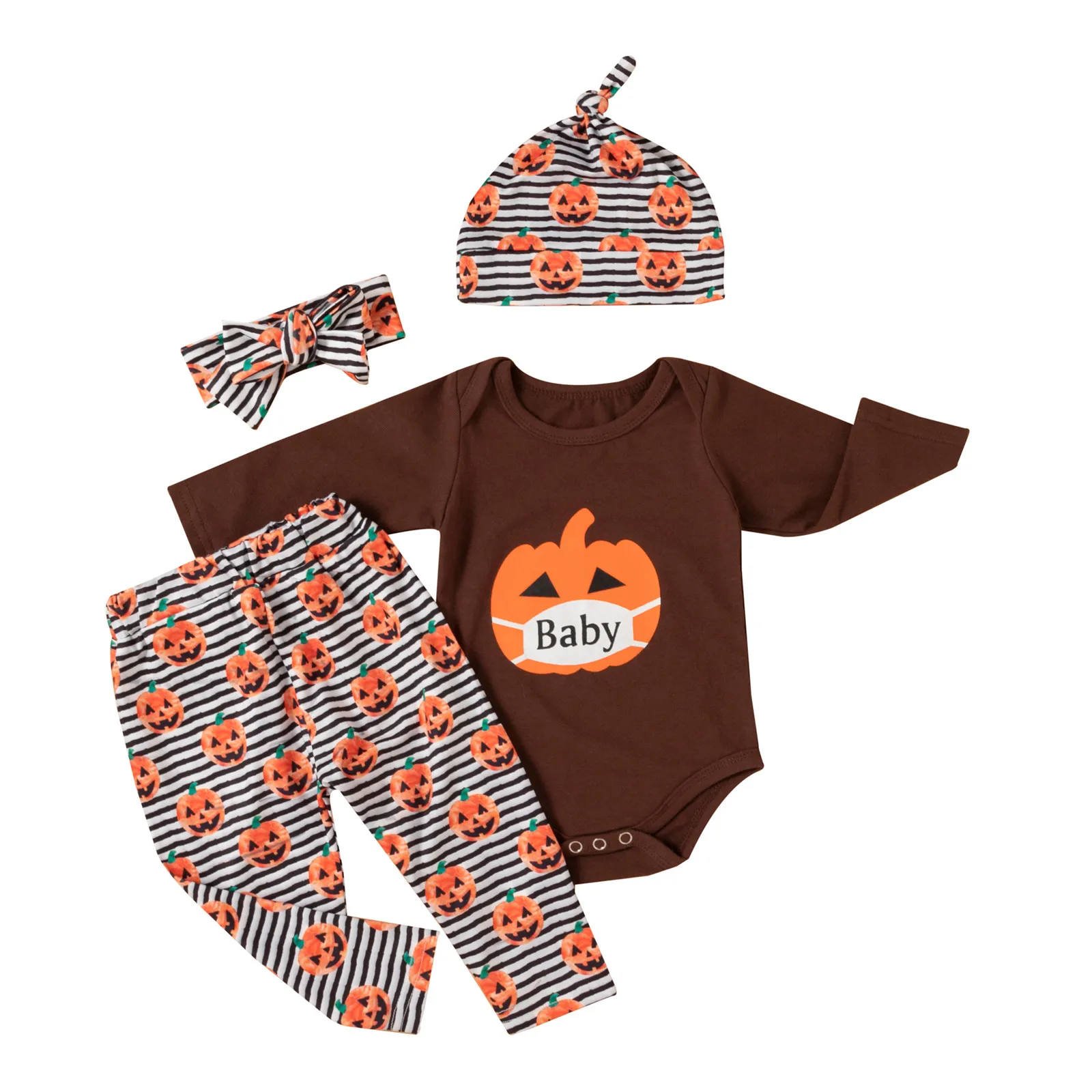 

My First Halloween Clothes Sets Infant Baby Boys Girls Halloween Pumpkin Romper+Pants+Hat+Headbands Outfits Set
