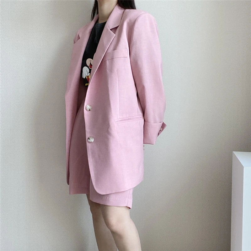 

2021 New Spring Autumn Women's Sets 2 Pieces Blazers Matching Wide Leg Shorts Casual Pockets Oversize Suit