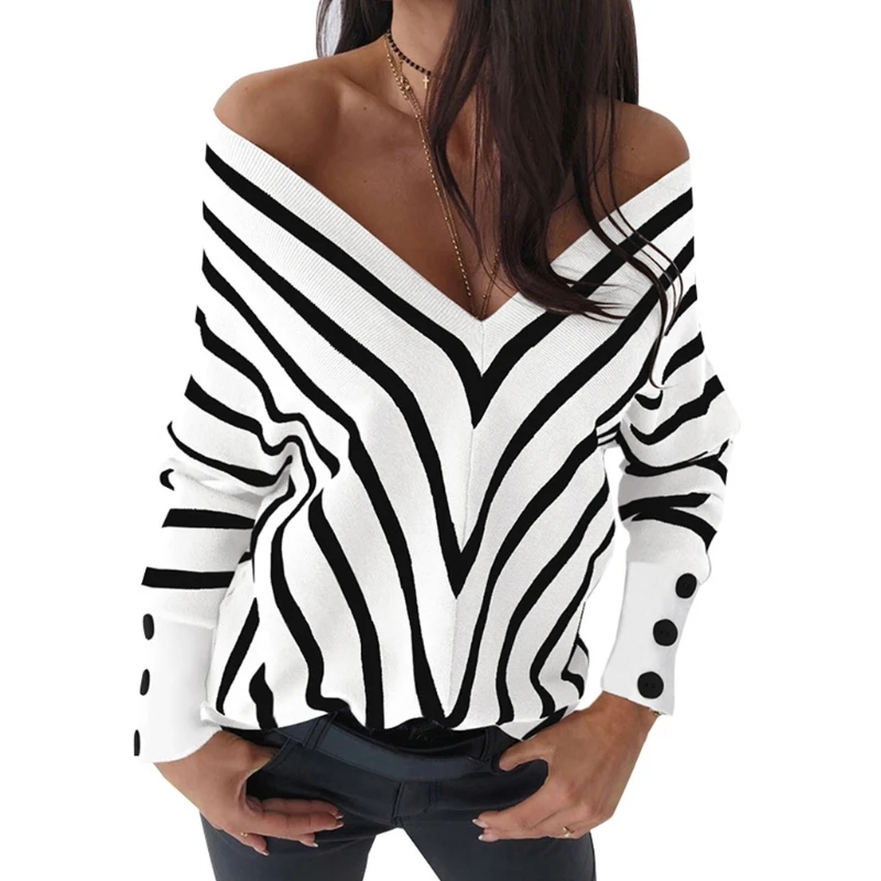 

Women Autumn Long Sleeve V-Neck Sweater Sexy Off The Shoulder Knitted Pullover Tops Color Block Striped Casual Loose Jumper Stre