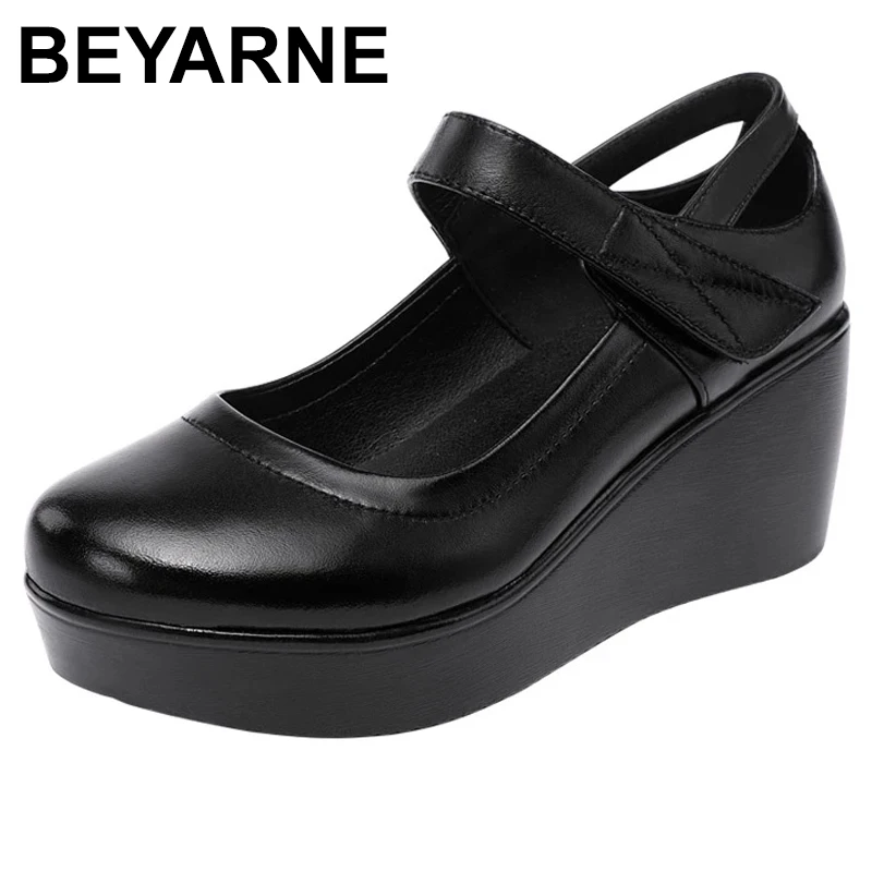 

BEYARNE 2021 Spring Fashion Round Toe Wedge Pumps Women Shoes Mary Jane Shoes Thick Bottom Leather Shoes Platform Pumps Size 43