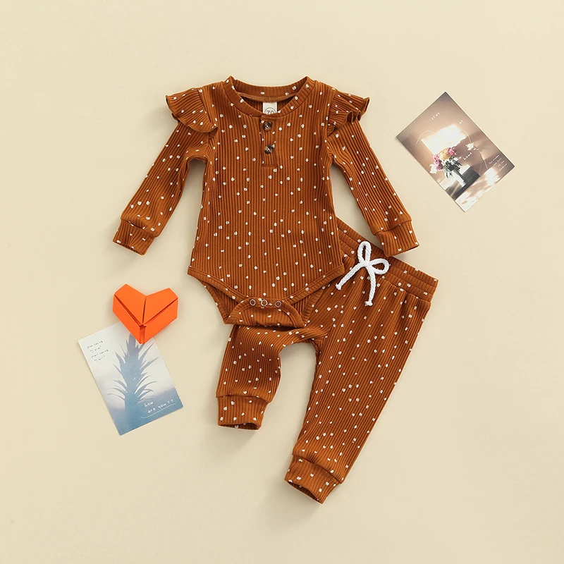 

Baby Girls 2Pcs Suit Autumn Long Sleeve Knitting Bodysuit Dot Print Tops Casual Drawstring Trousers Newborn Infant Clothes Set