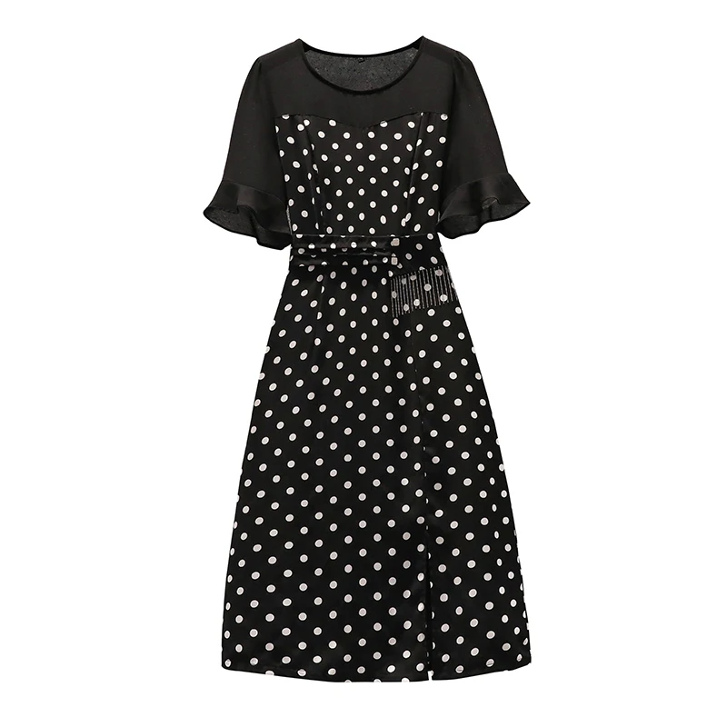 

L-5XL Plus Size Dress For Women 2021 Summer Short Sleeves Polka Dots Printed Patchwork Splited A-Line Vintage Large Dresses