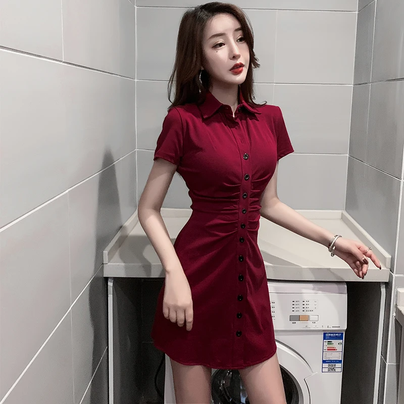 

Lapel dress summer 2020 new slim waist waist slim tight sexy hip bag Office Lady Polyester Knee-Length Sheath Sleeveless