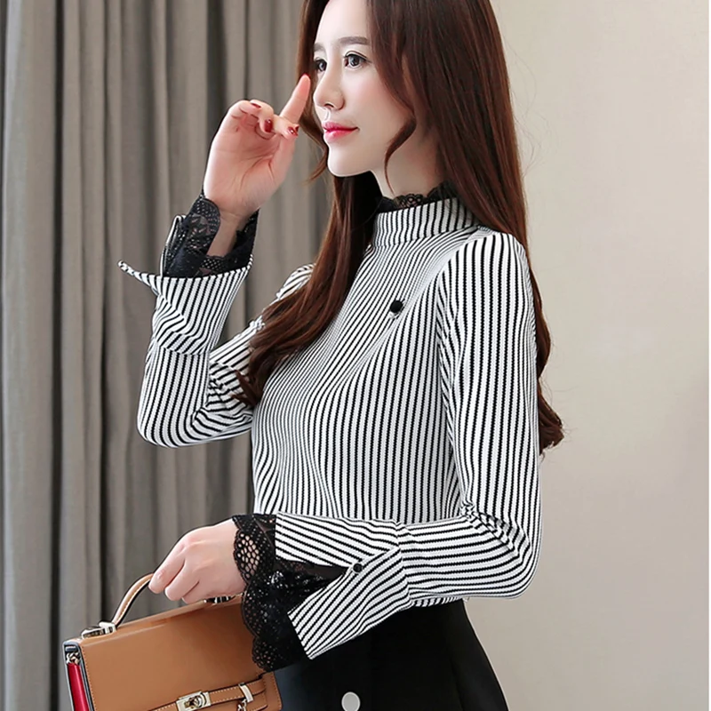 Корейские модные шифоновые женские блузки с кружевными расклешенными рукавами