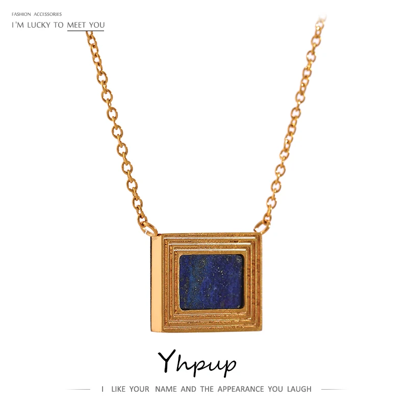 Yhpup Stainless Steel Square Pendant Necklace Statement Lapis Lazuli Stone Collar Necklace Jewelry for Women Festival Gift