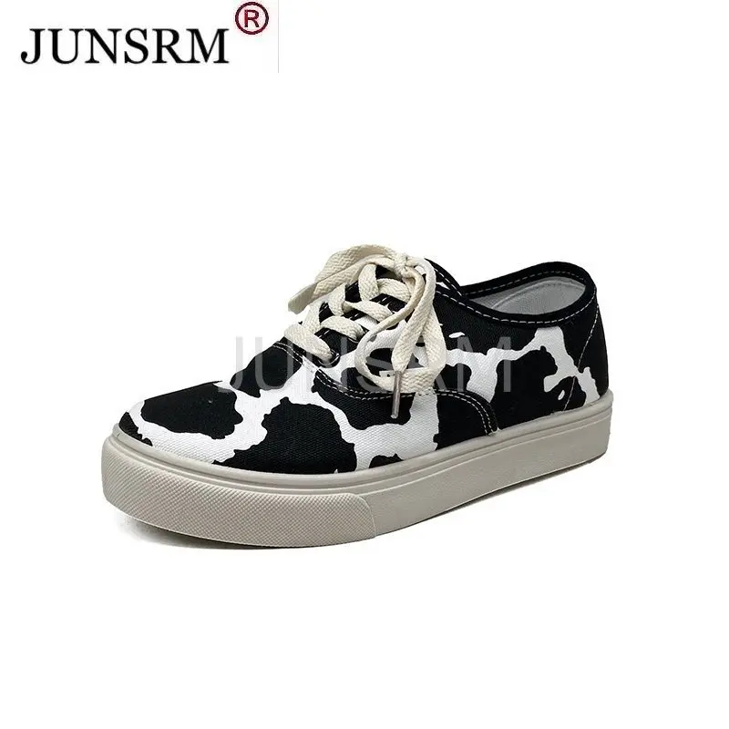 

Cow Print Cute Women Sneakers Black White Canvas Shoes 2021 New Platform Flat Lace Up Tennis Shoes Casual Wild Zapatos Mujer