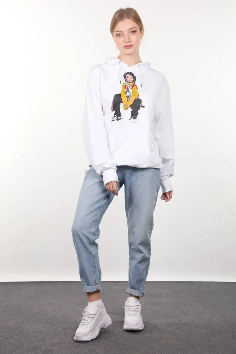 

White Printed Oversized Hooded Womens Sweatshirt