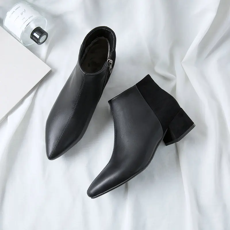 

2021 Pu Leather + Flock Autumn Winter Fashion Women Shoes Zipper Pointed Toe Thick High Heel Concise Ankle Boots Size 34-43