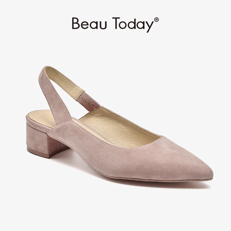 

Elegant Sandals Women Kid Suede Pointed Toe Elastic Band Shallow Med Heel Ladies Summer Slingback pumps Handmade BeauToday 31039