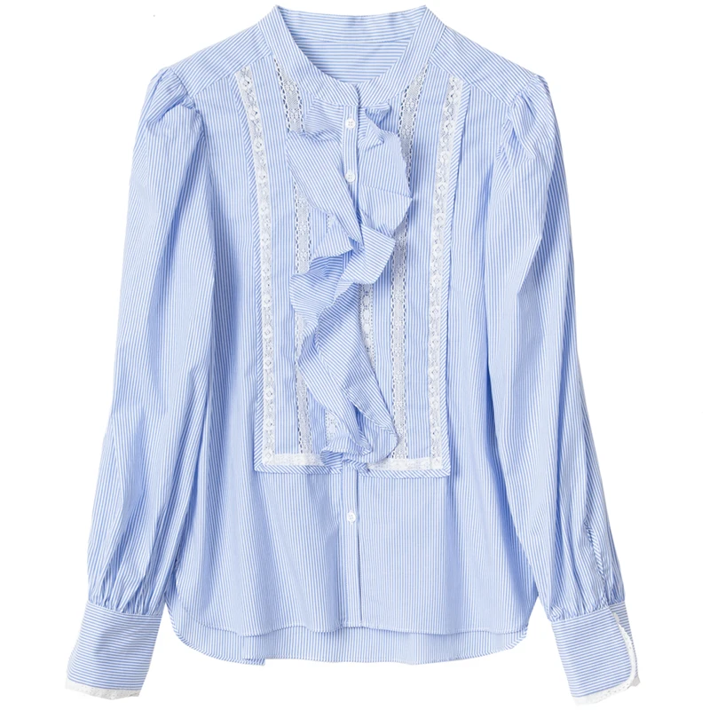 Рубашка в белую и синюю полоску воротник-стойка кружевная вставка с оборками