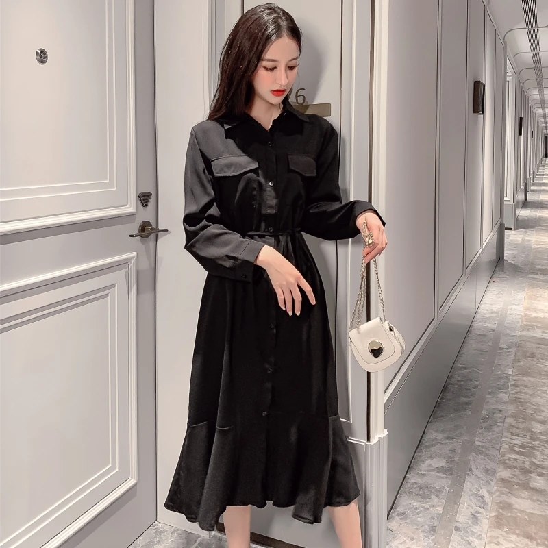 

L-4XL Plus Size Women Loose Casual Shirt Dress Autumn 2020 Korean Fashion Long Sleeve Single-breasted Ruffle Meimaid Dresses