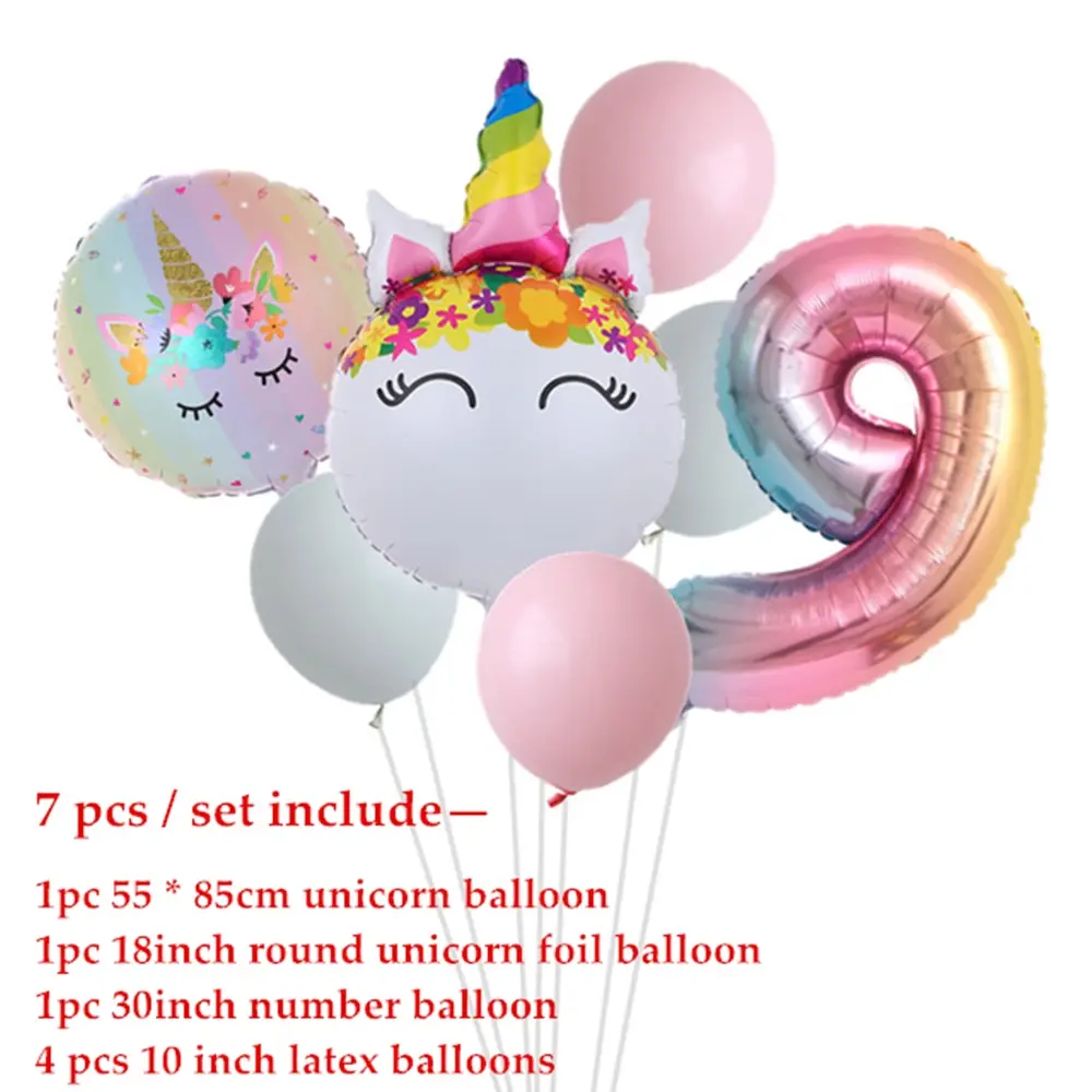 

7pcs Rainbow Unicorn Balloon Set For Girls Kids Birthday Party Decorations Age Number Foil Balloon Latex Globos