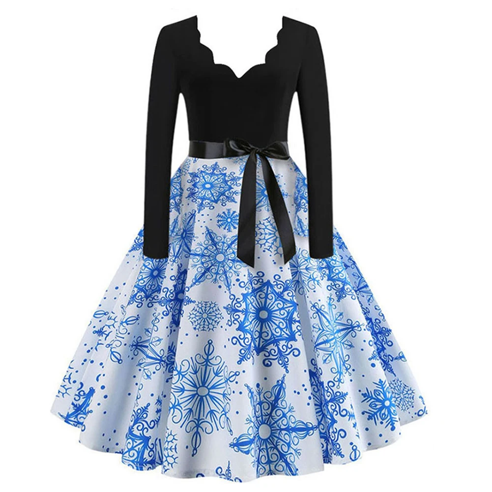 Christmas Dress Black Big Swing Print Vintage Women Winter Casual Long Sleeve V-neck Sexy Large Cocktail Midi 2020 | Женская одежда