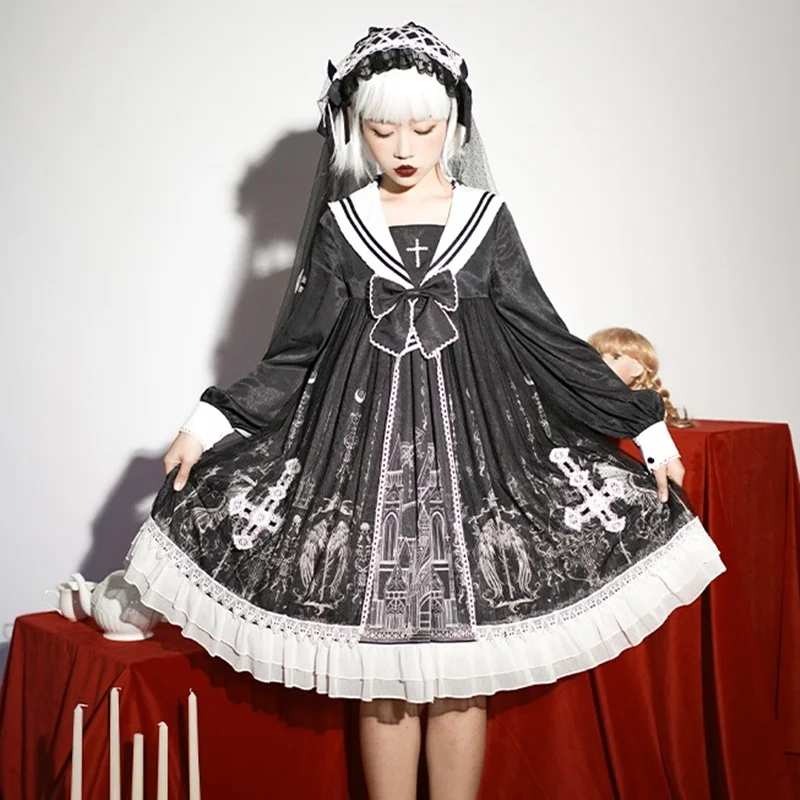 

2020 Gothic Lolita Daily Dress Cute Rabbit Soft Sister Japanese Op Long-Sleeved Victorian Kawaii Sweet Cute Dress Japanese F2858