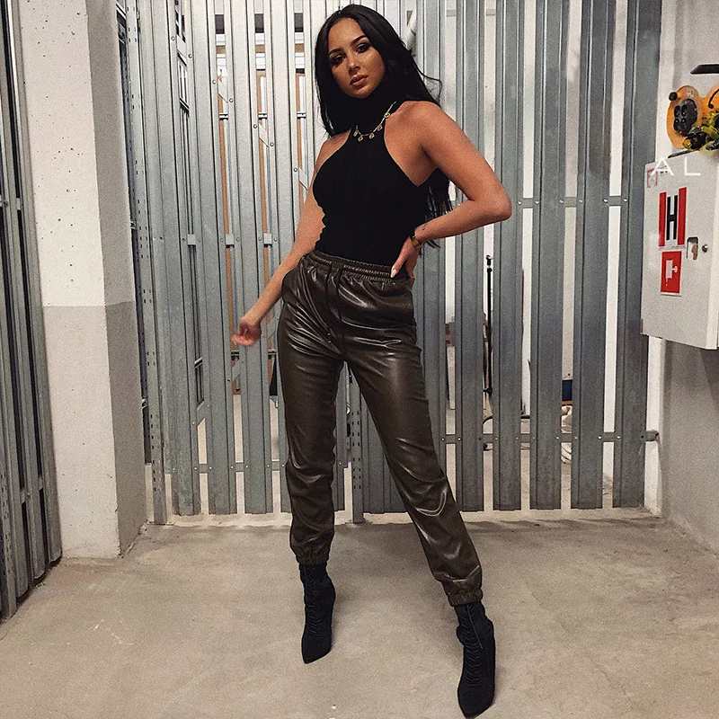 

PU Leather Drawstring Winter Jogger Pants Women High Waist Sexy Casual Loose Thick Autumn Trousers Outfit Clothing