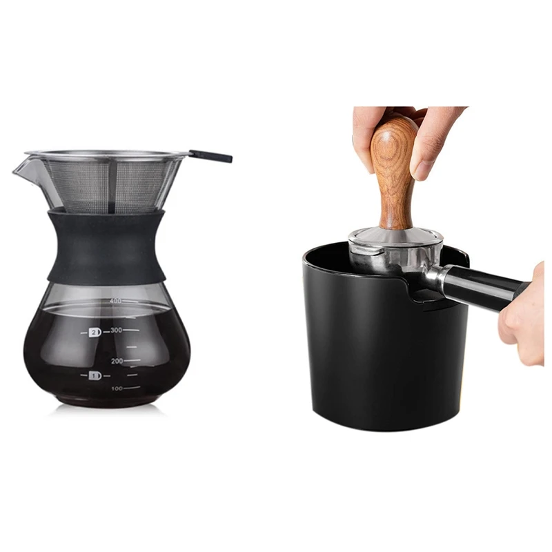 

200ML Pour Over Coffee Maker Filter Dripper Glass Container & Coffee Powder Residue Box Black Deep Bowl