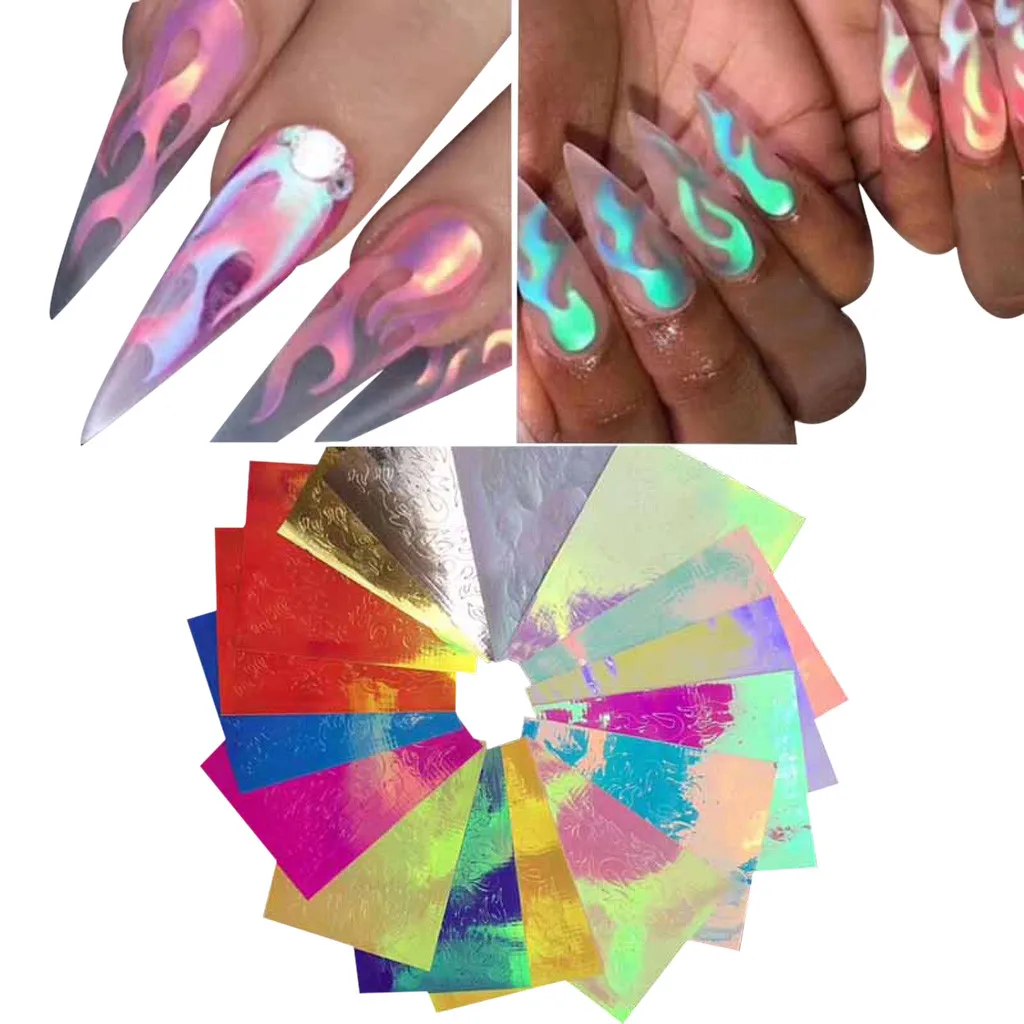 32 шт. пламенная наклейка для ногтей Aurora Fire Nail полоса Голографическая лента пламя