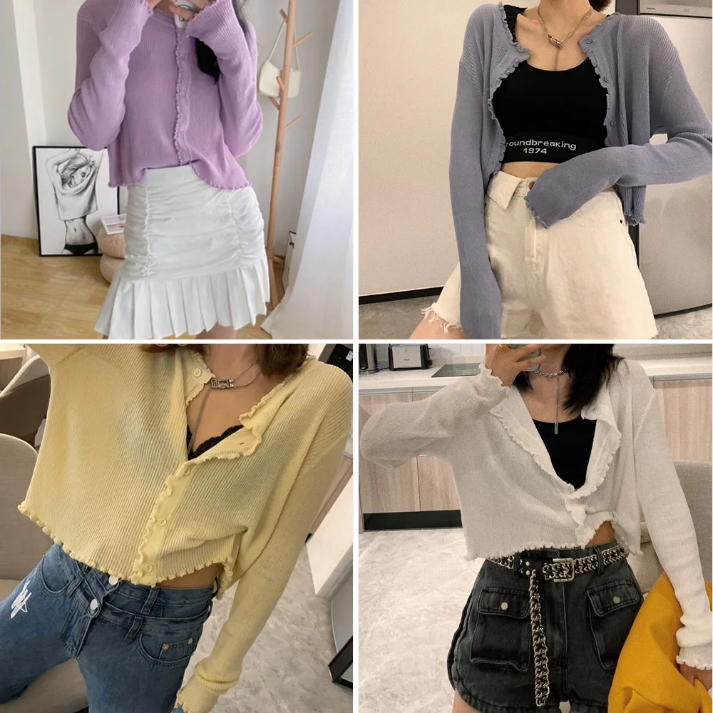 summer short thin knit Fungus crop cardigans Women button Cardigans coat Outwear female Sun protection o-neck chic jacket |